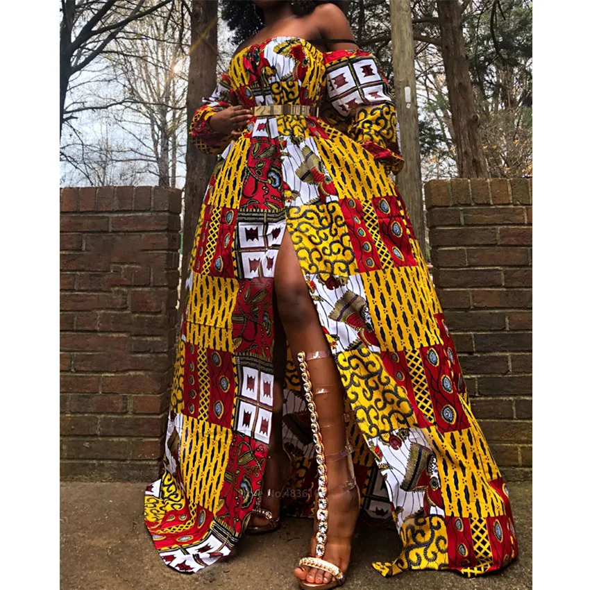 

African Ladies Clothes Shoulder Off Dress Dashiki Print Long Sleeve Maxi Clothing Plus Size African Dresses for Women