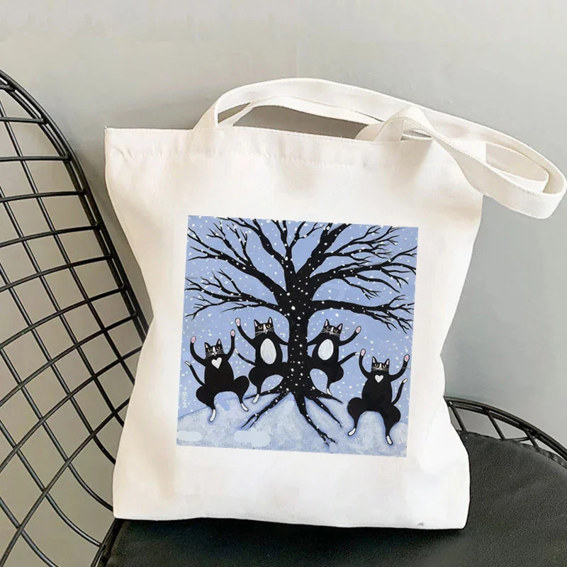 

2021 Shopper French Press Coffee Cats Winter Printed Tote Bag women Harajuku shopper handbag girl shopping bag Lady Canvas Bag