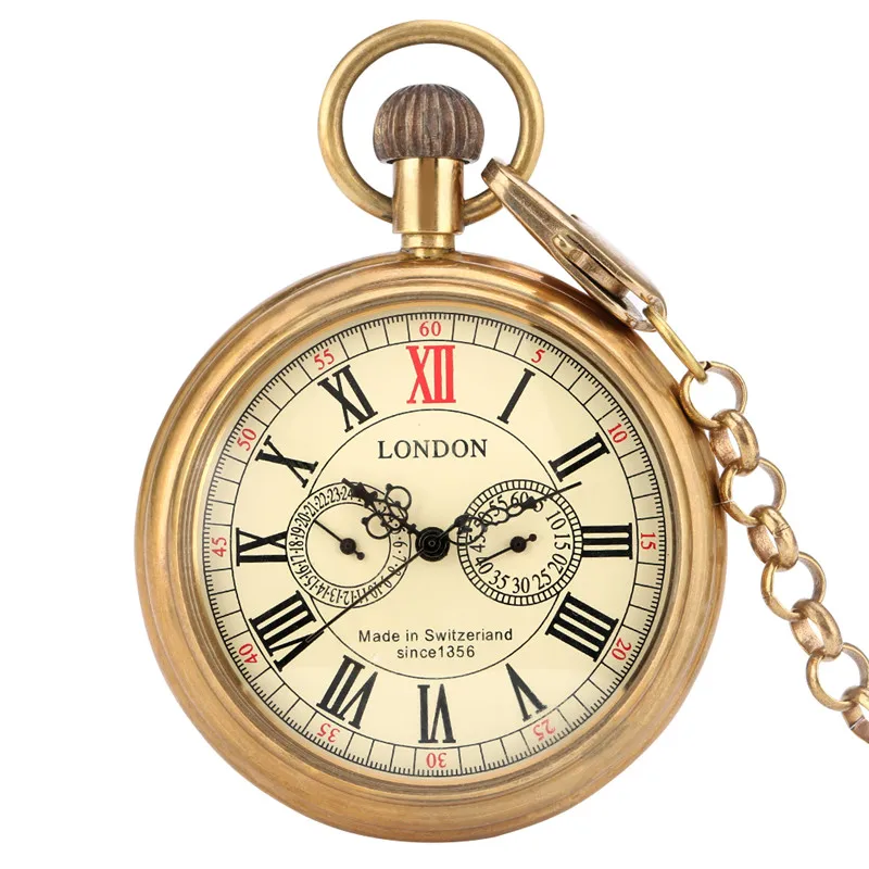 Vintage Copper Brass Roman Numerals Men's Automatic Mechanical Pocket Watch Self Winding Pendant Clock with FOB Chain reloj Gift