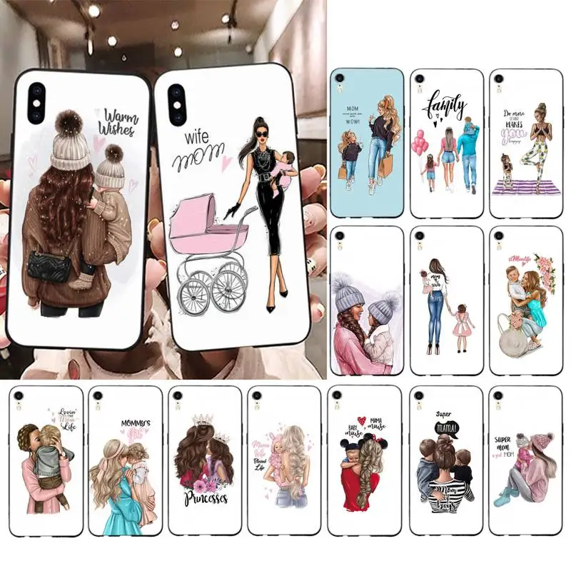 

Black Brown Hair Baby Mom Girl Queen Phone Case for iPhone 13 11 12 pro XS MAX 8 7 6 6S Plus X 5S SE 2020 XR cover