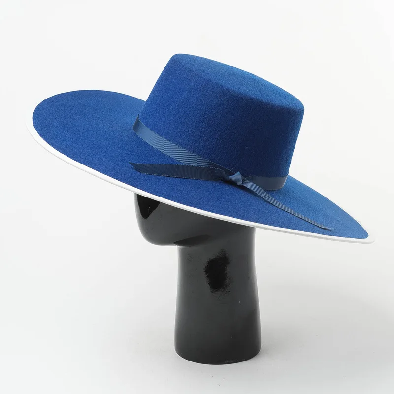 white brim 01909-HH8159B красивые синие полями зима осень шерсть твердая Шляпа Fedora мужчины женщины досуг Панама джазовая, шляпа - Цвет: white brim