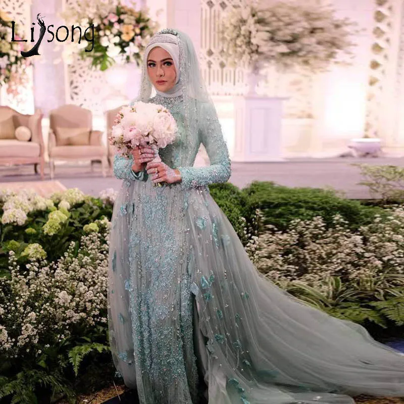Романтическое серое цветочное мусульманское свадебное платье со съемным