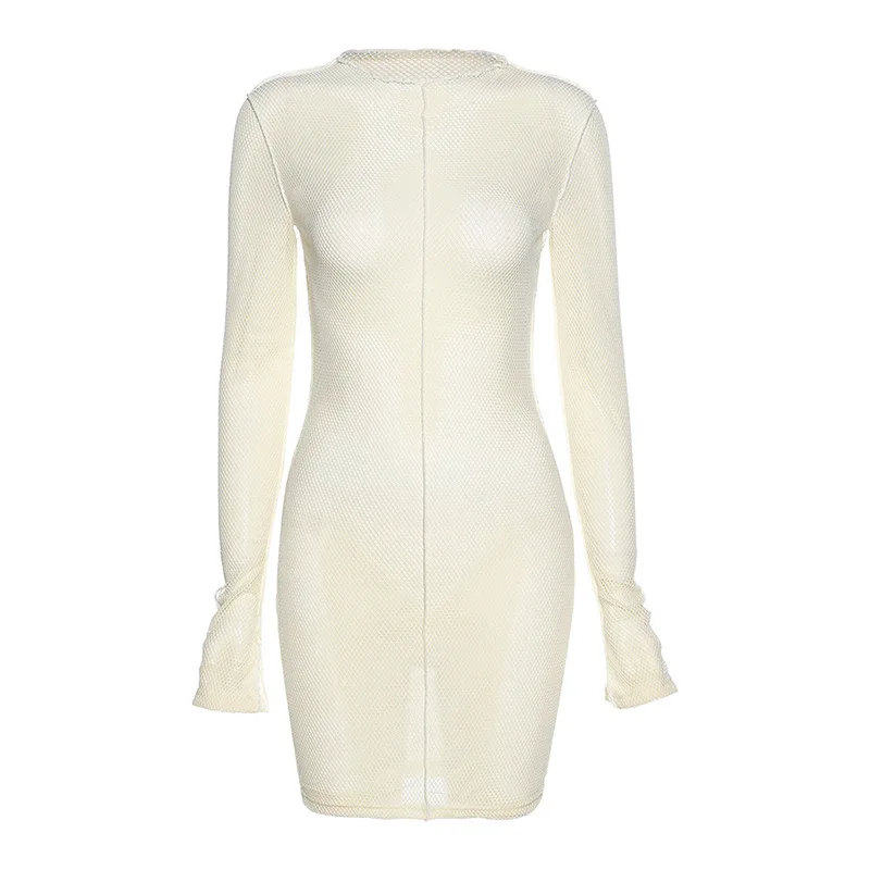 

Mesh Skinny Women's White Mini Dresses Spring Fashion 2021 Clubwear Bodycon Solid Hollow Out Party Dress Sexy Birthday Clothing