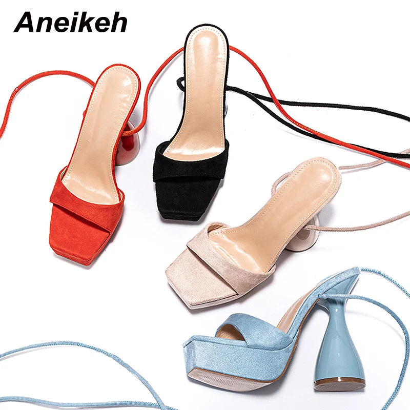 

Aneikeh Summer Rome Flock Square Toe Riband Cross-Tied Sandals De Las Mujeres 2022 NEW Spike Heels Pumps Party Solid Ankle Strap