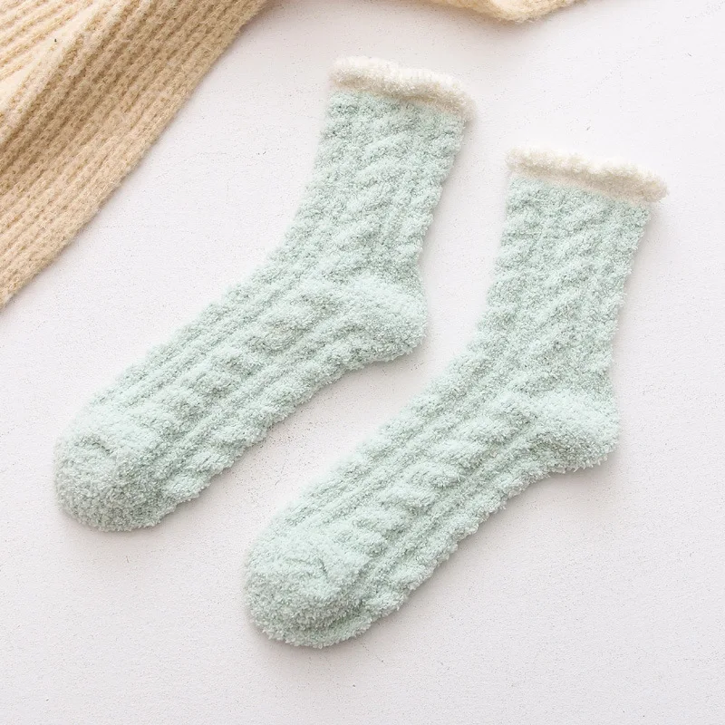

2Pairs Winter Twist Coral Fleece Sleeping Socks Thicken Warm In-tube Home Socks Simple Floor Socks Women Maternity Socks