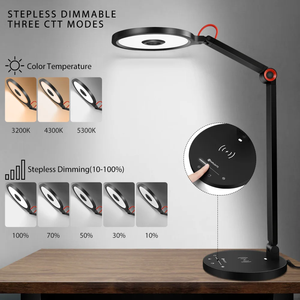 

15W LED Table Lamp Wireless Dimmable Desk Light Touch Control Eye Protection Reading Light with US Plug