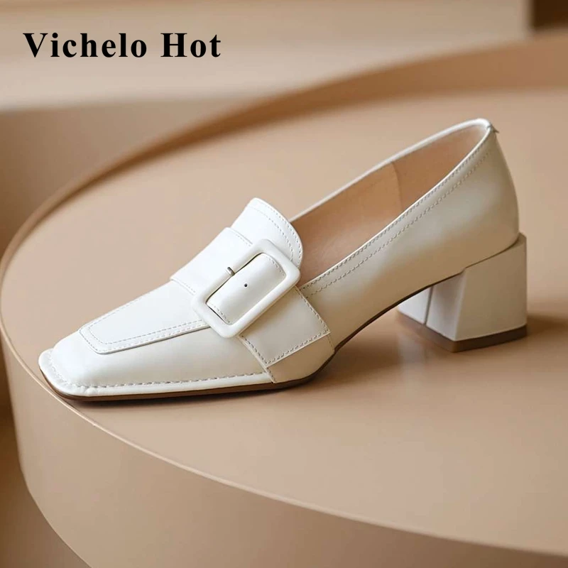 

Vichelo Hot genuine leather square toe med heel concise design classic colors preppy style young lady leisure women pumps L30