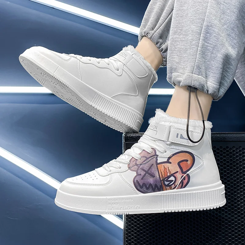 Men's Winter Sneakers Anime Skateboarding Shoes Men Streetwear High Top Anime Shoes Fashion White Plush Warm Casual Sneakers Men