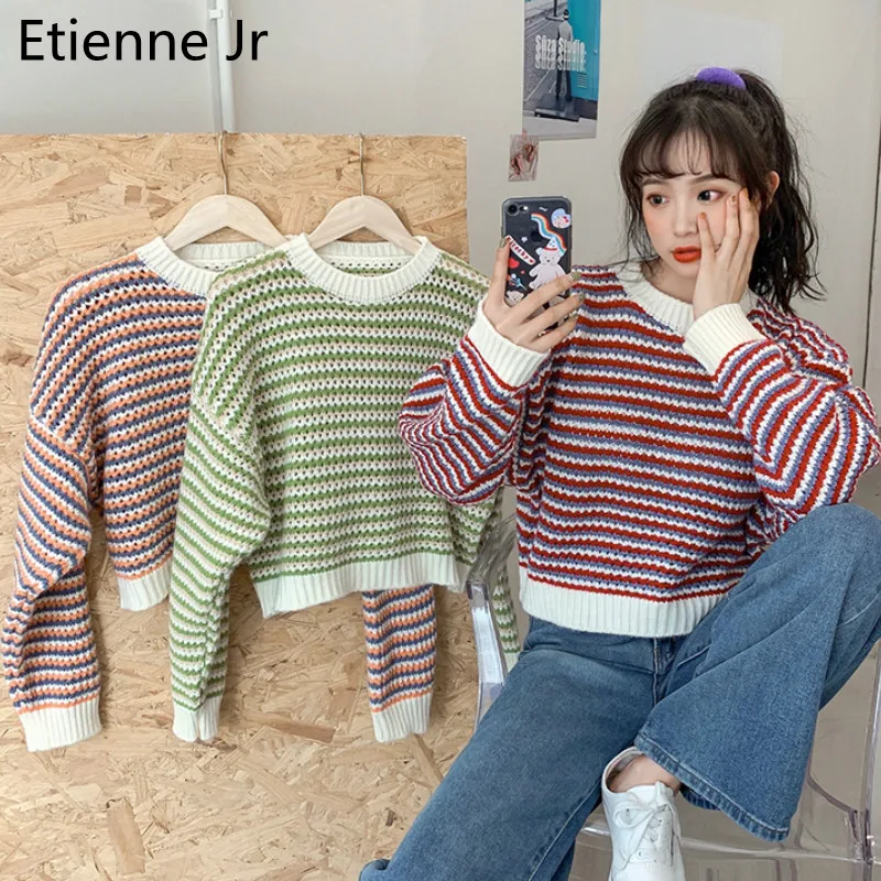 

Этьен Jr Для женщин пуловеры свитер с О-образным вырезом, большие, верхняя одежда в полоску милые свободные трикотажные Мода прекрасный все-м...