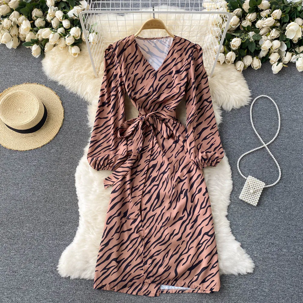 

Женское винтажное платье с запахом, элегантное французское платье-трапеция с длинным рукавом, V-образным вырезом и разрезом, осень 2021