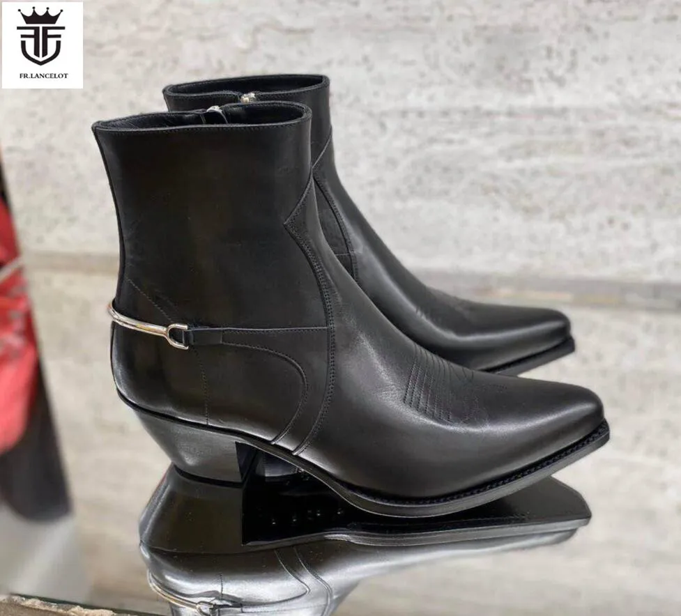 2020 New real leather men booties metal decoration Chelsea Boots embroidery Boots point toe Men's party shoes med heel 5cm botas