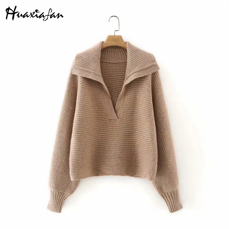 

Huaxiafan Loose Knitted Pullovers Women Sweater V Neck Long Sleeve Soft Elegant Ladies Sweaters All-Match Tops Female 2021 New