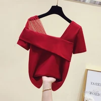 slim fit short sleeved t shirt women 2021 summer new sexy off shoulder gauzy stitching cropped tops female solid color tees