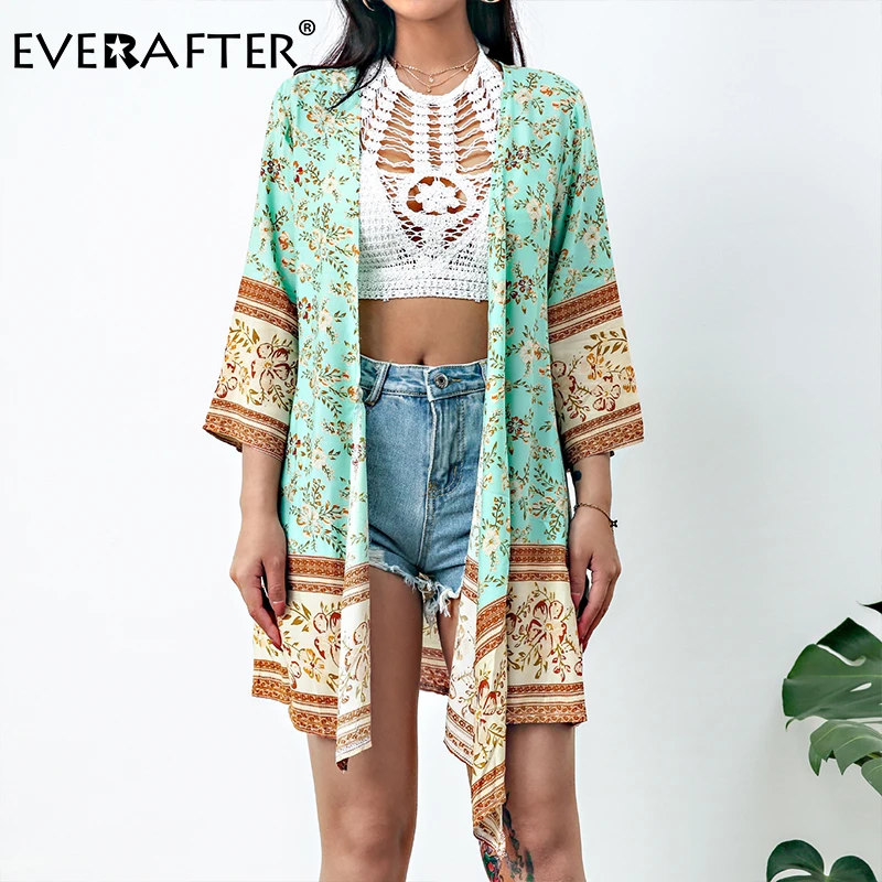 

Женская длинная рубашка-кимоно EVERAFTER, летняя Свободная рубашка с рукавом три четверти и цветочным принтом в стиле бохо