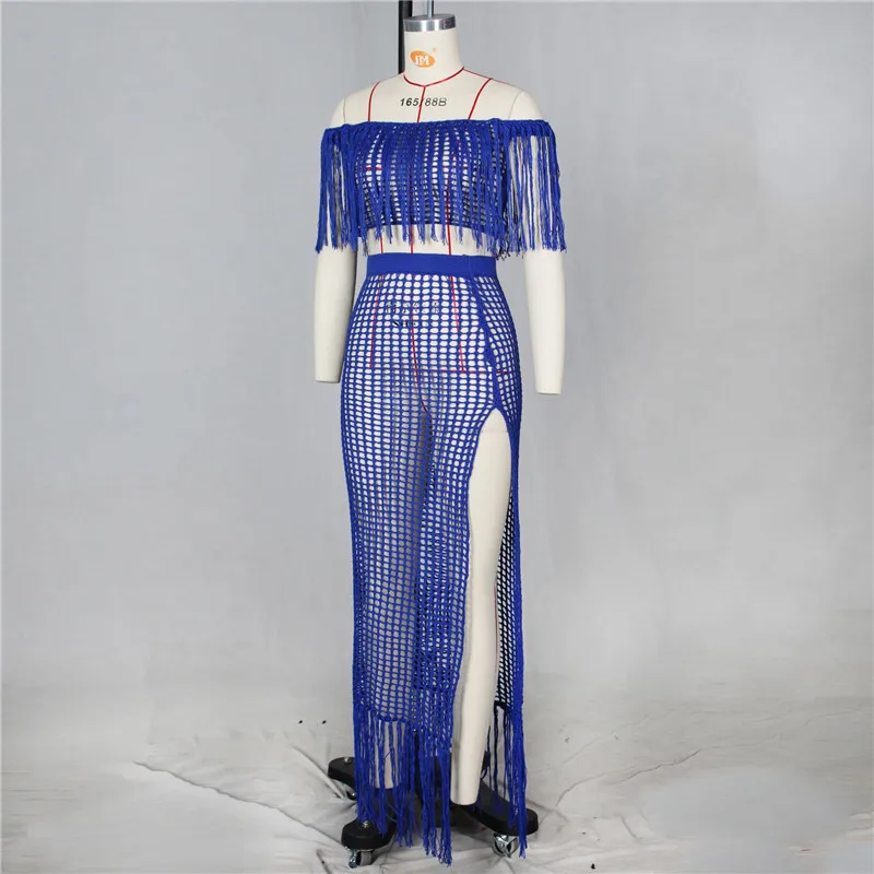 Ажурный вязаный комплект из 2 предметов с кисточками летнее пляжное платье