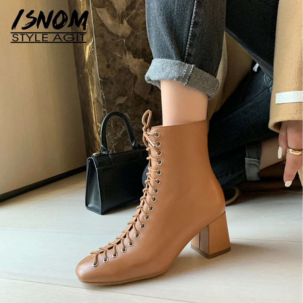 

Женские ботильоны из натуральной кожи ISNOM, высококачественные ботинки ручной работы на осень и зиму, ботинки на Высоком толстом каблуке с пе...