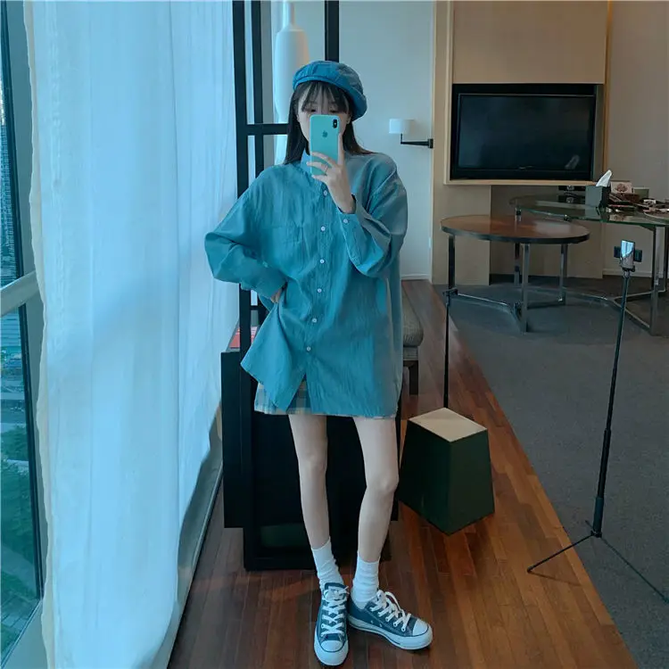 

Summer and Autumn Suit Blue Sunscreen Shirt + Plaid Sling Slim A-line Dress Western Style Two-piece Female