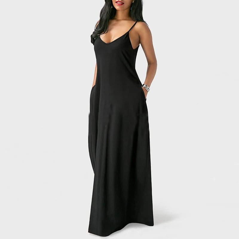 

Women's Summer Long Dresses Loose Solid Sexy Spaghetti Straps Maxi Dress Casual Plus Size Sleeveless O-Neck Beach Pockets Dress