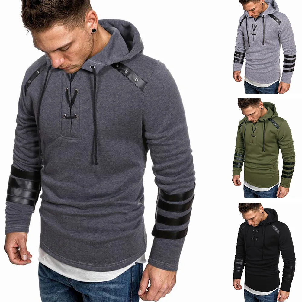 

Men's Hooded Sweatshirt Long Sleeve Leather Stitching Drawstring Pullover Hoodies Casual Patchwork Tops