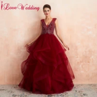 gorgeous evening dress sexy v neck heavy beaded wine red tulle ruffles ball gown formal dress evening long dresses