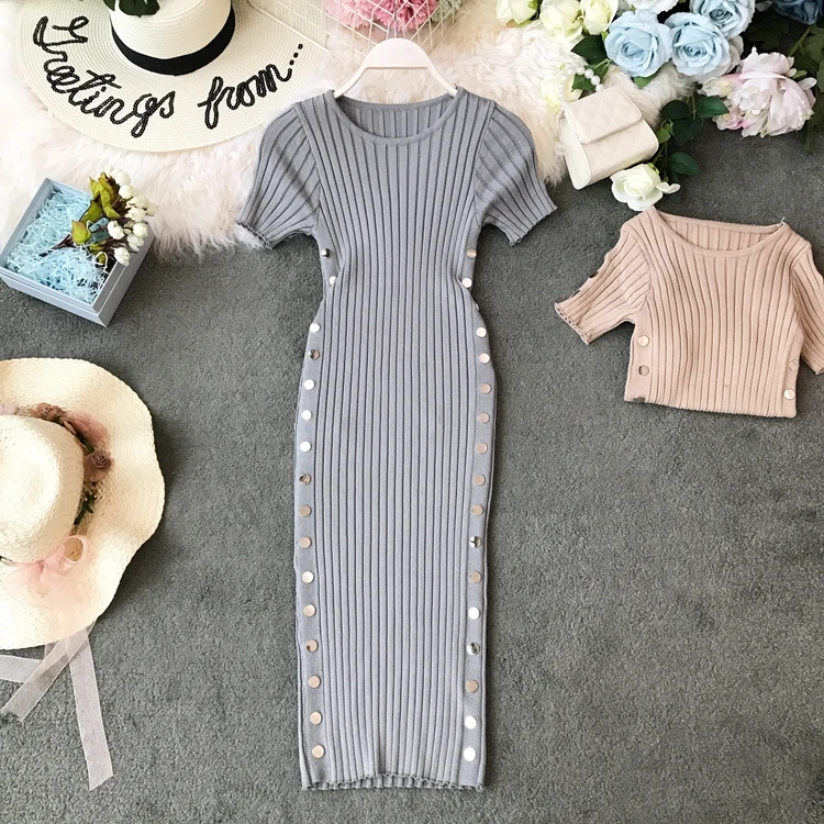 

Summer 2019 Women Knitted Dress Round Neck Short Sleeve Slim Side Double-row Button Dresses Casual Black Pencil Dress Female