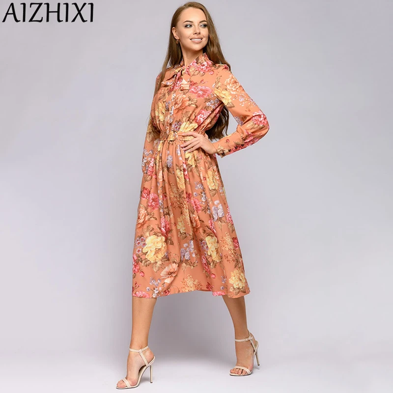 Платье AIZHIXI женское с бантом и поясом повседневное ТРАПЕЦИЕВИДНОЕ элегантное