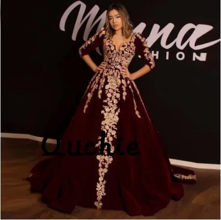 

Burgundy Ball Gown Satin Evening Dress Golden Lace Special Occasion robe soiree Islamic Dubai Kaftan Saudi Arabic Prom Gown