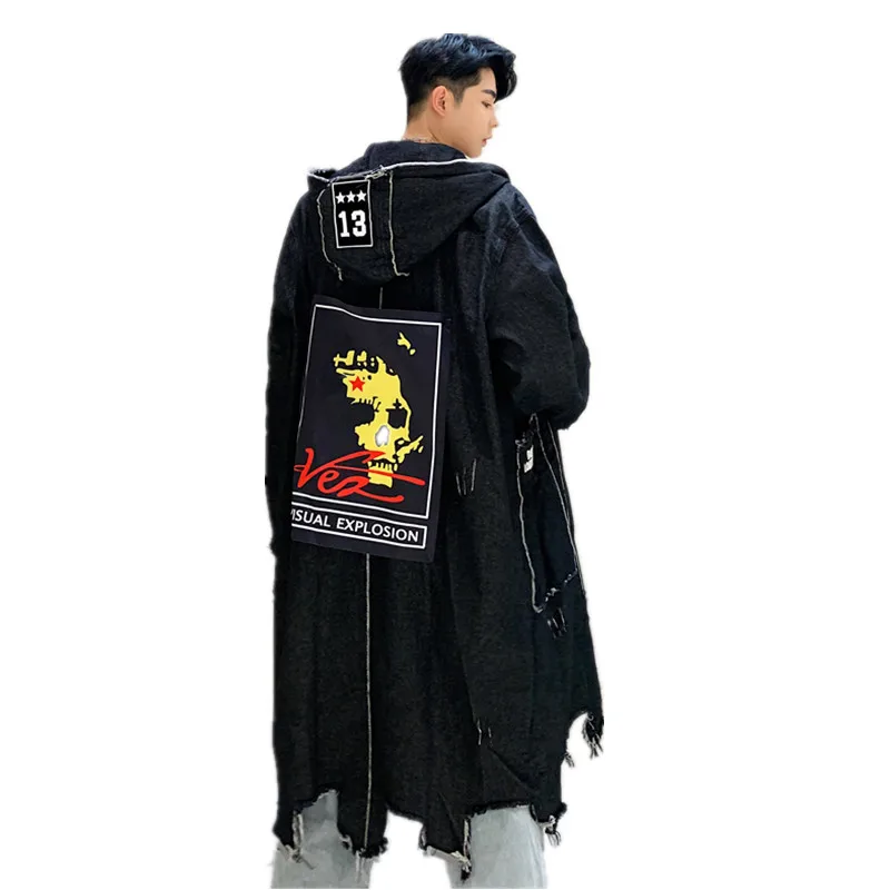 

S-XXL!Autumn and winter personality stickers men's long section loose hooded ragged raw cowboy windbreaker jacket.!