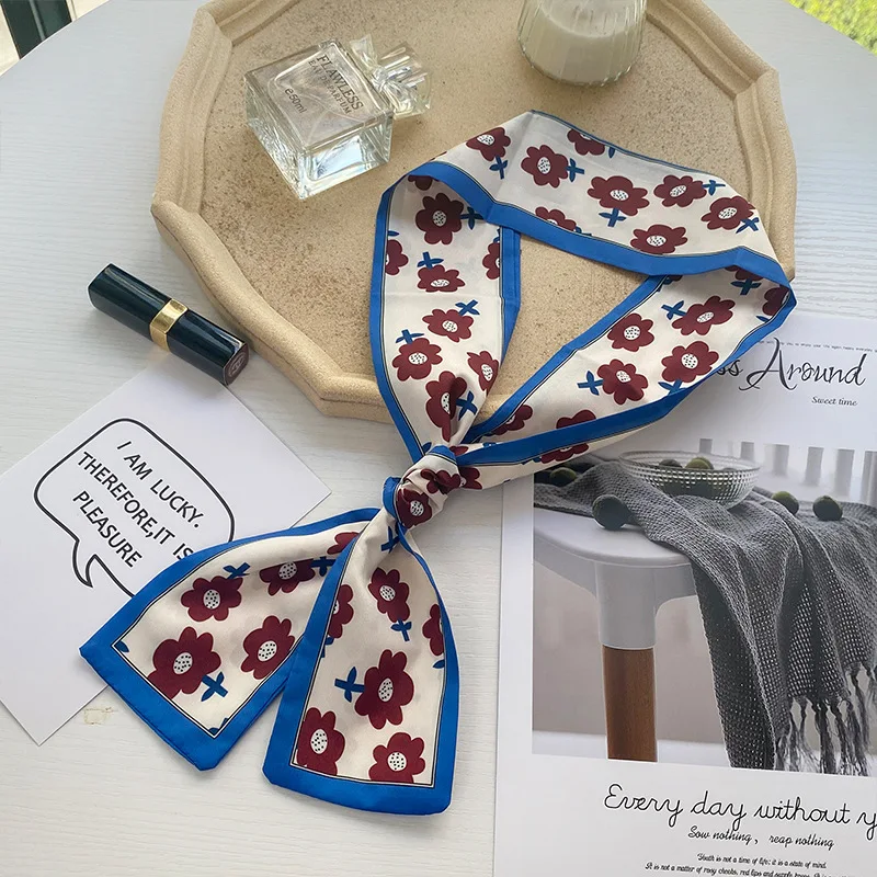 

Women Small Silk Scarf Fashion Print Handle Bag Ribbons Long Skinny Scarfs Retro Small scarf Headband Wholesale