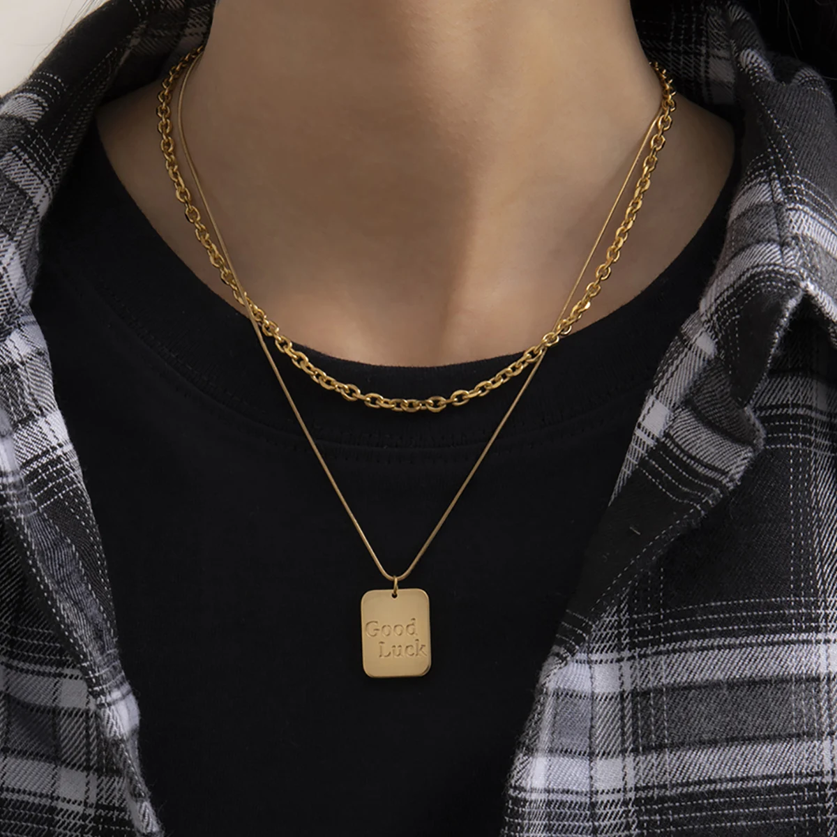 

Vintage Stainless Steel Good Luck Letter Pendant Necklace Goth Aesthetic Link Chain Choker Necklace for Women Men Punk Jewelry