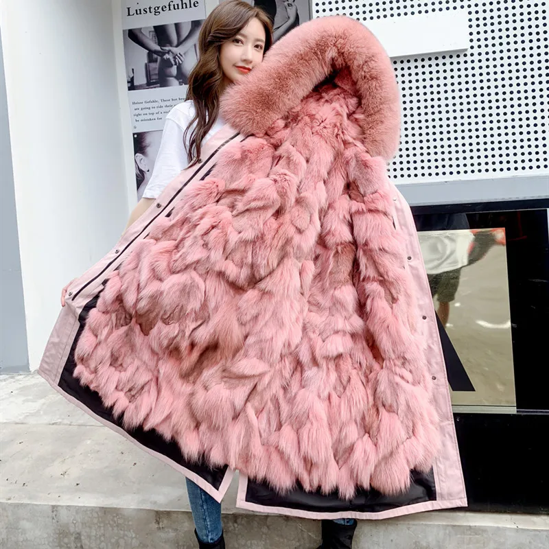 Plus Size Natural Fox Fur Woman Jacket Winter Real Fur Coat Thick Warm Detachable Fur Liner Long Genuine Fur Coat Women Parkas