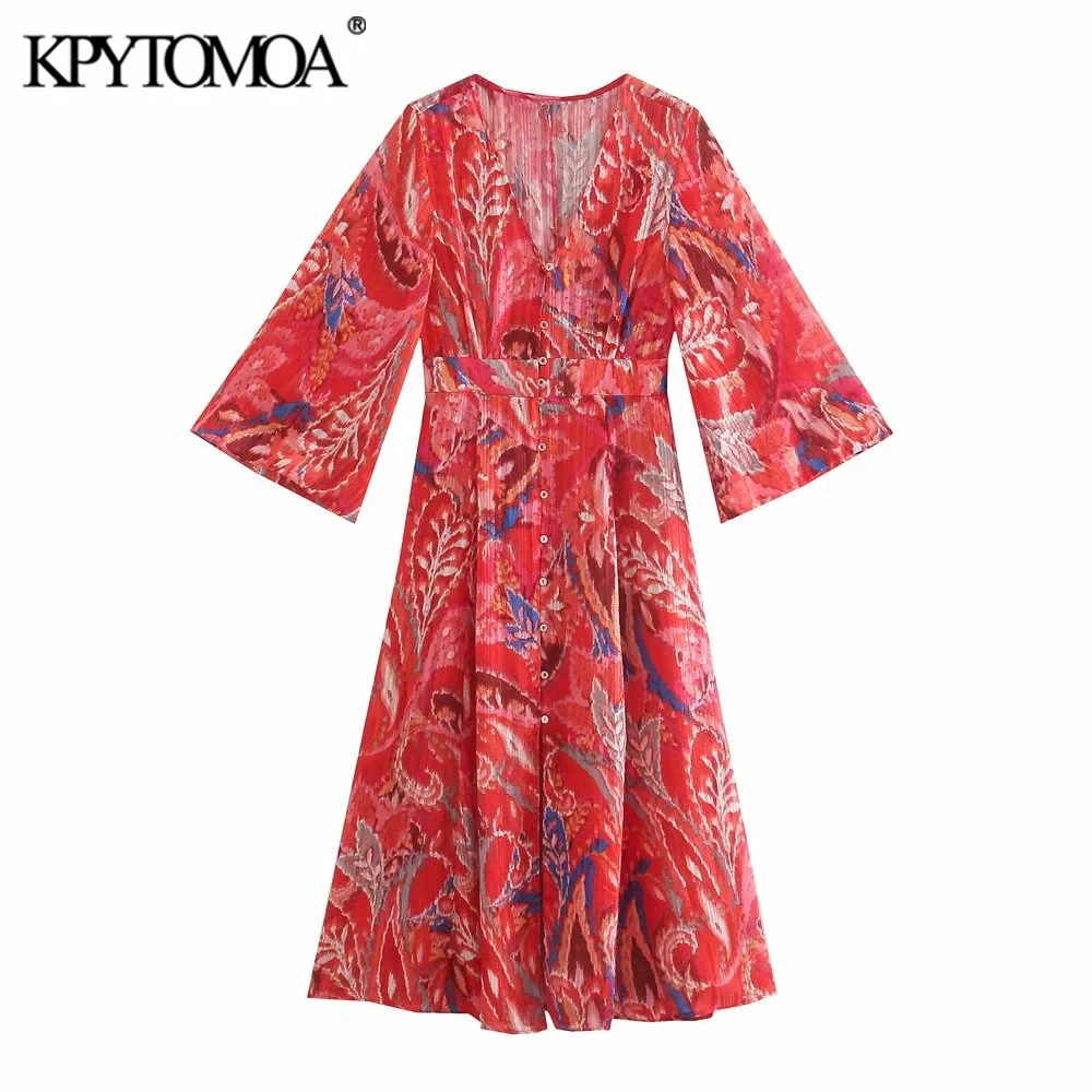 

KPYTOMOA Women 2021 Fashion Printed Metallic Thread Midi Dress Vintage Three Quarter Sleeve Button-up Female Dresses Vestidos