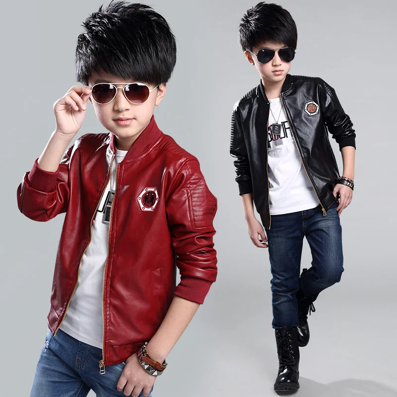 

Top Quality Spring Leather Boys Jacket And Coat Waterproof Fashion Pattern O-Neck Black Kids Blazers Jackets Free Shipping