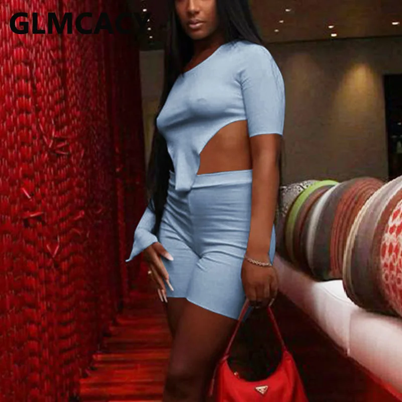 

Women Two Piece Casual Summer Suits Short Sleeve Crop Top & Bodycon Shorts Set