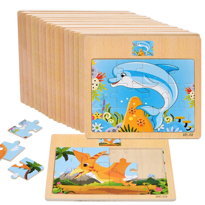 

12pcs Baby Wooden Toys 3D Wood Puzzle Cartoon Vehicle Animals Early Learning Montessori Educational Toys For Children