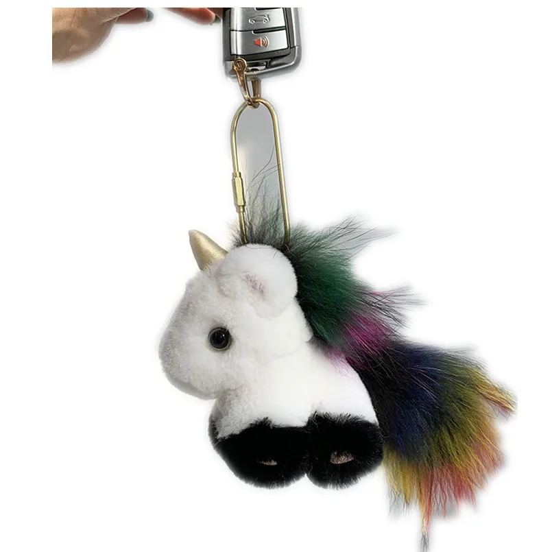 

Fluffy Cute Unicorn Keychain Animal Real Rex Rabbit Fur Key Ring Backpack Clips Handbag Key Accessories Bag Charm For Girl Women