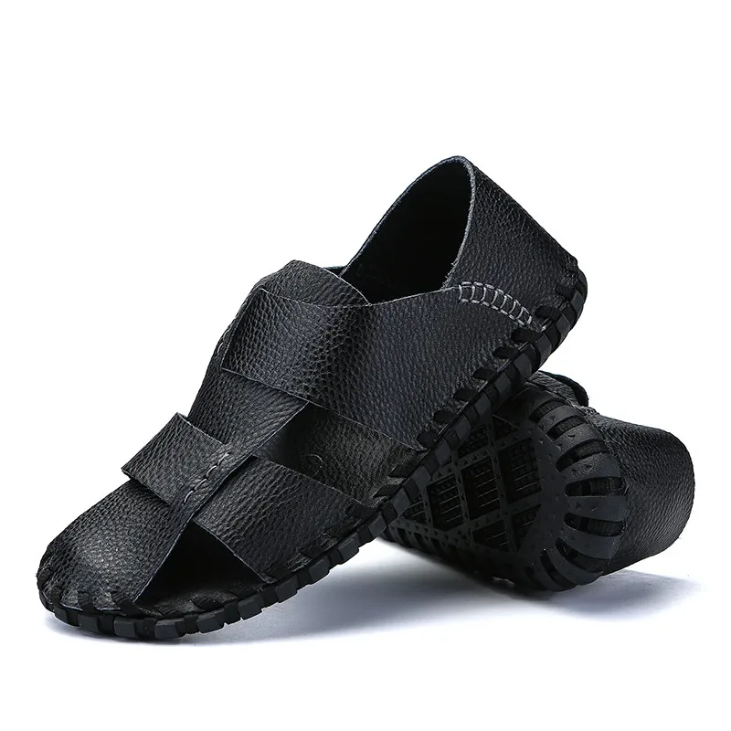 Мужские летние кожаные сандалии Повседневная обувь без застежки Мужская модная