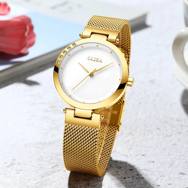 Женские часы, роскошные женские часы, женские водонепроницаемые наручные часы с золотым стальным ремешком, Брендовые Часы с браслетом Olika