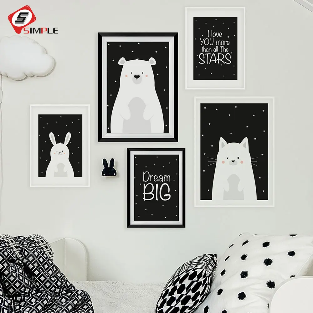 Черно-белый милый мультяшный Медведь Кролик котенок детская комната настенное