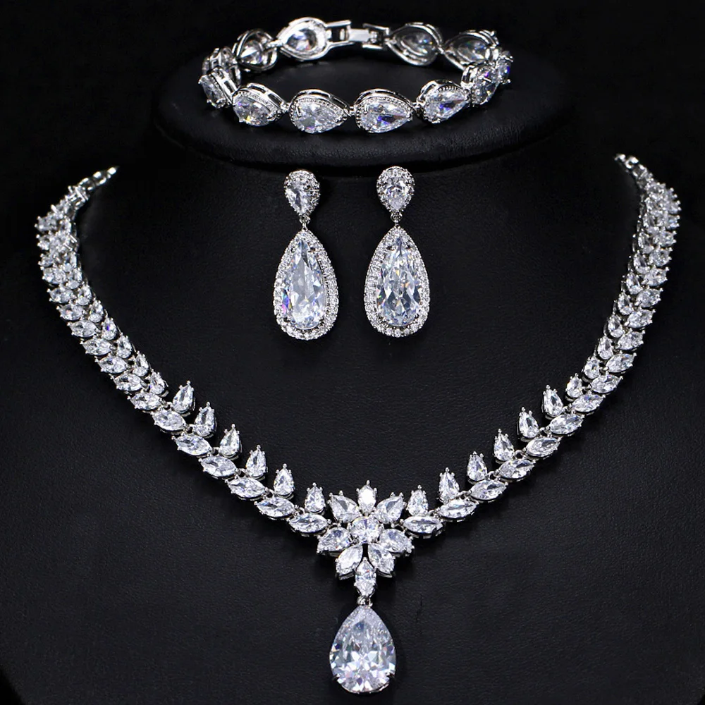 Sparkling White ThreeGraces 3 шт. Роскошный CZ длинная водяная капля свадебное ожерелье серьги браслет ювелирный набор для невесты Вечеринка JS078 - Окраска металла: Sparkling White