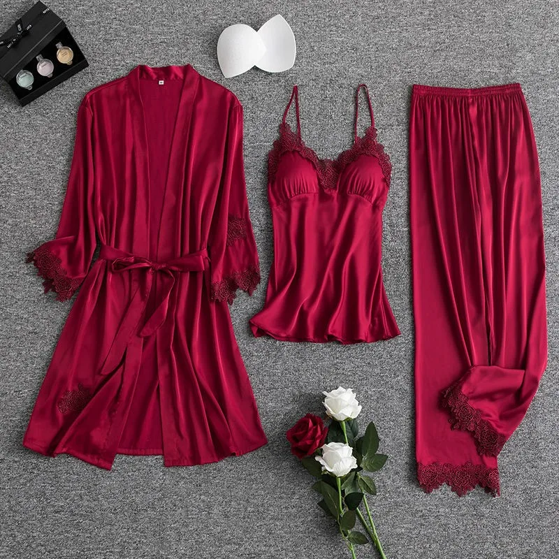 Кружева 3 шт. Атласный халат комплекты Для женщин полосатые пижамы свободные