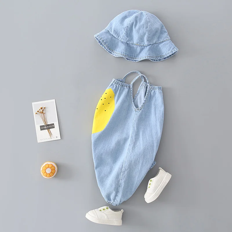 Летний детский комбинезон с шапкой джинсовая детская одежда хлопковый для