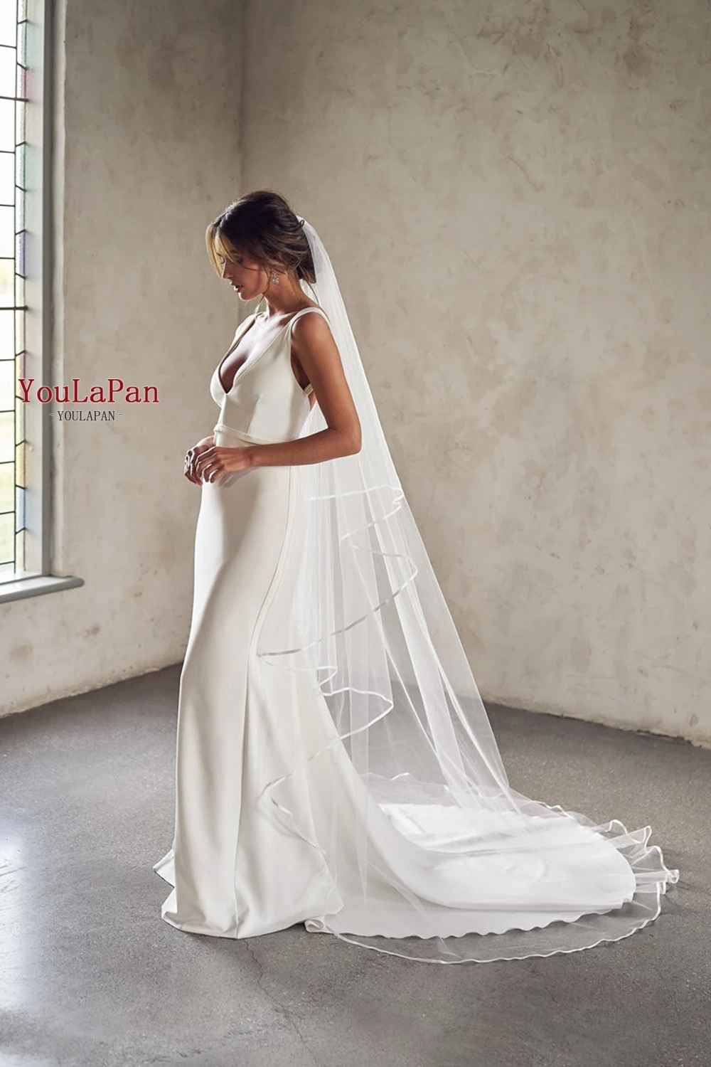

YouLaPan V21 3M Long Bridal Veil with Crystals Simple Elegant High Quality Bridal Veils Handmade Ribbon Edge Fashion Veils