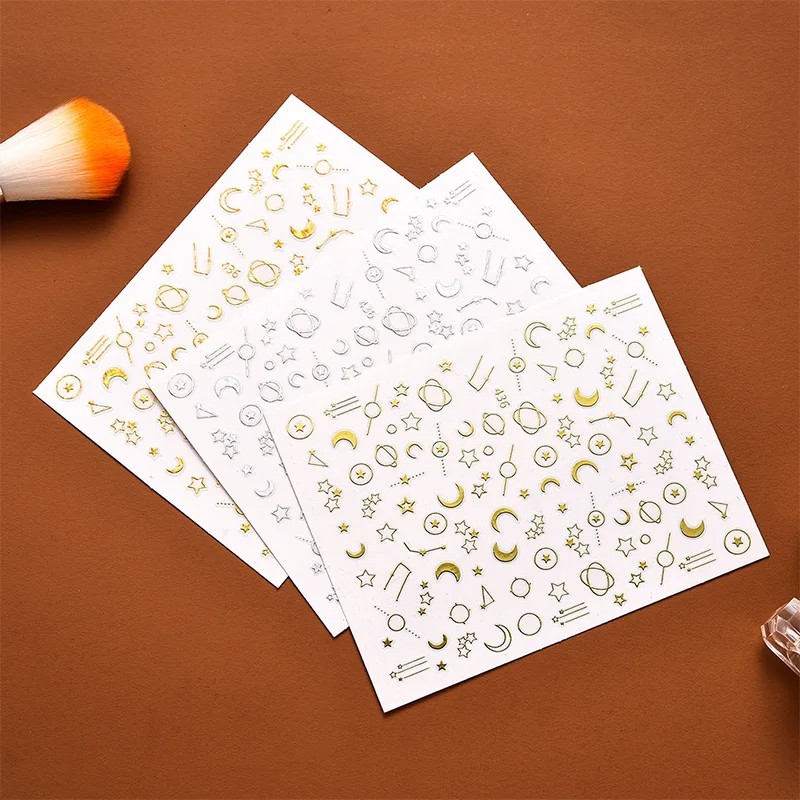 

1 Sheet 3D Gold Silver Nail Art Sticker Embossed Star Moon Starry Geometry Designs Adhesive Transfer Sliders Manicure Decoration