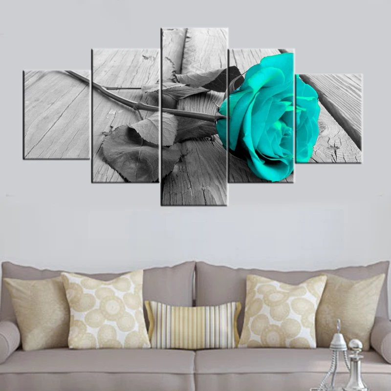 

5 Pcs Unframe Beautiful Rose Flower Light Blue HD Wall Picture Decorative Oil Painting On Canvas Home Decoration For Living Room
