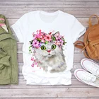 Футболка женская с коротким рукавом, модная рубашка с мультяшным рисунком кота и цветов, топ, футболка с графическим принтом, лето 2020