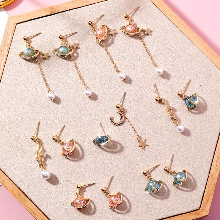 Корейские креативные цветные Серьги планета Сатурн милая девушка Луна Звезда
