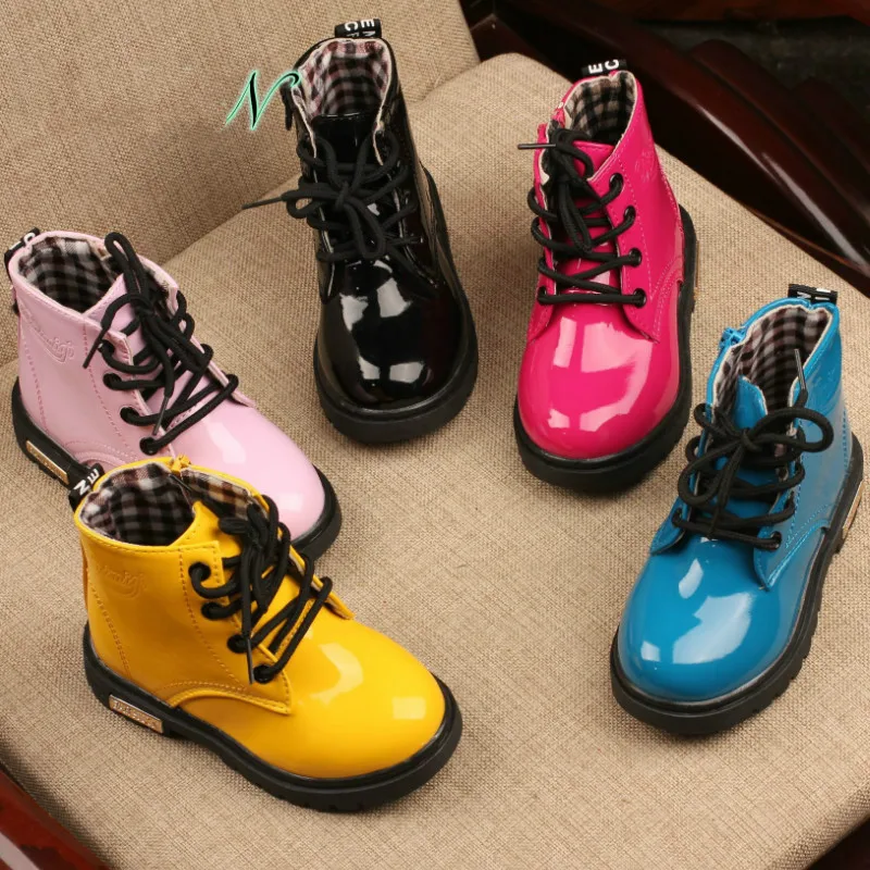 

Spring Children's Boots Girls Boots Waterproof Patent Leather Toddler Boots shoes Fashion Boys Shoes Snow Boots Kids Size 21-36