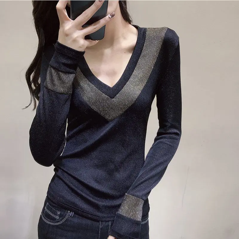 

Autumn and winter women's V-neck cotton base shirt long sleeve T-shirt slim top foreign style small shirt