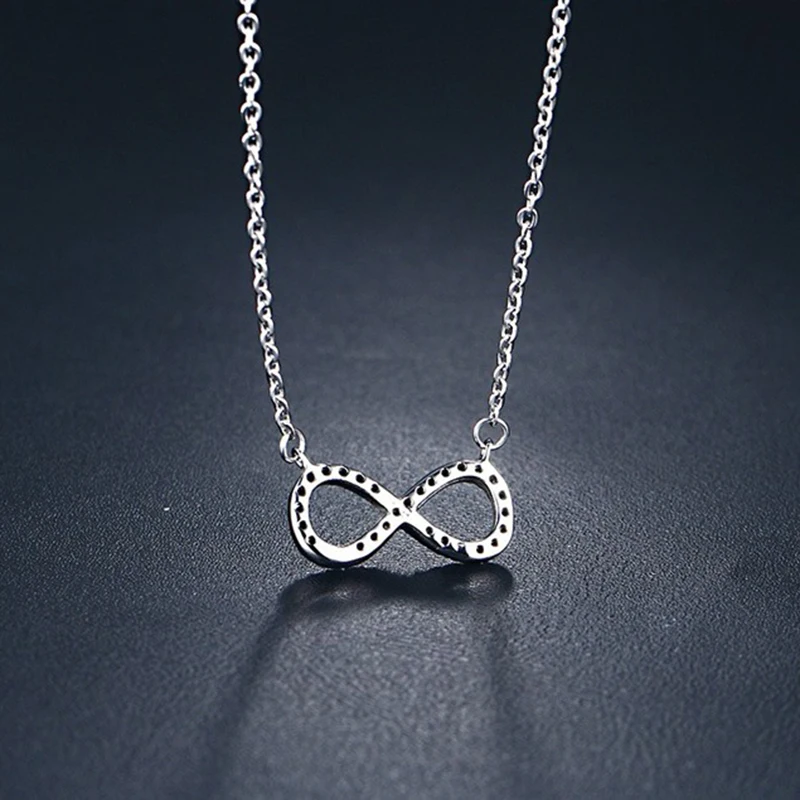Чистый титан Блестящий AAA CZ Бесконечность Кулон серебряный цвет Lucky 8 ожерелье для